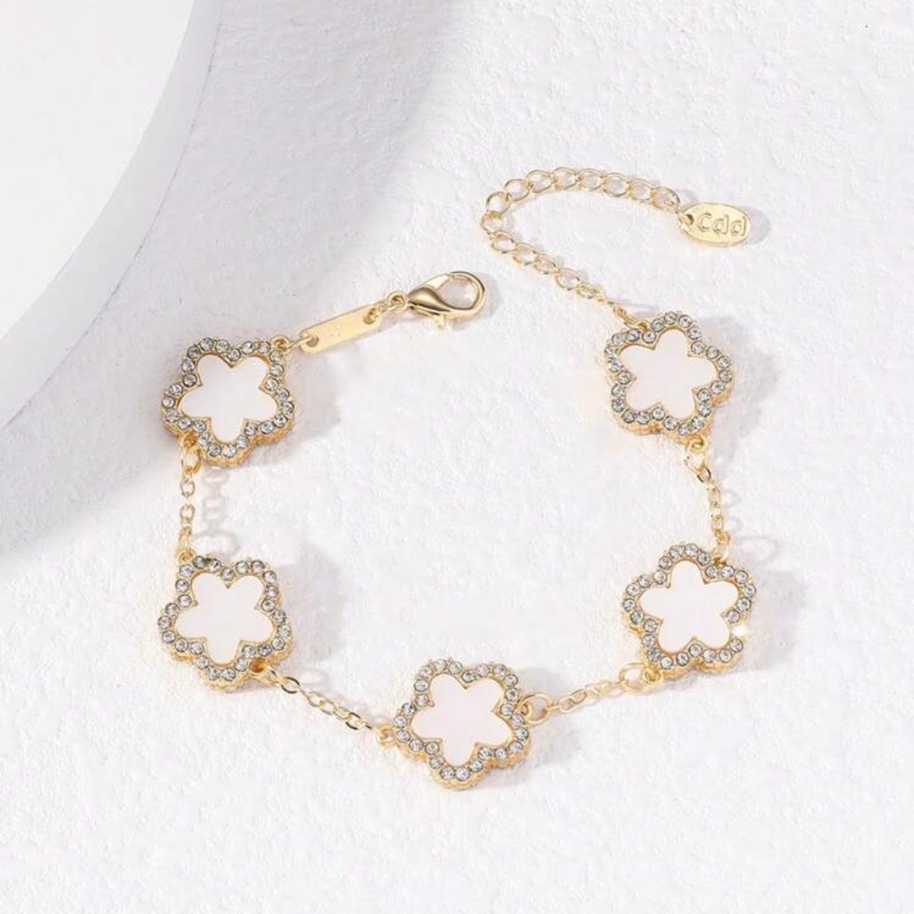 Nwt Women Lucky Clover Five-Leaf Flower Bracelet Rhinestones Same Day Shipping